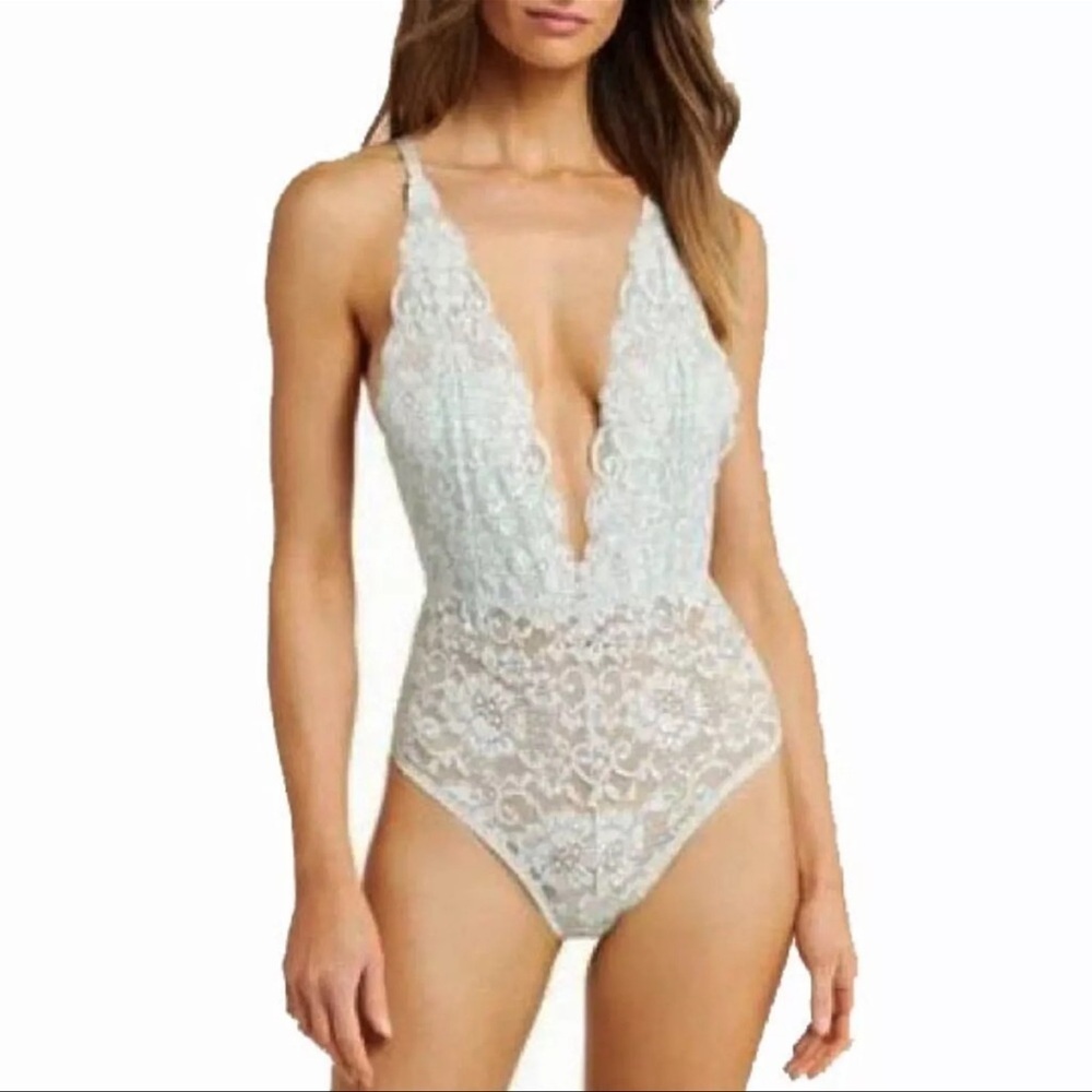 We are HAH Revolve Comin’ in HAHt Lace Bodysuit Something Blue Bridal XS New NWT
